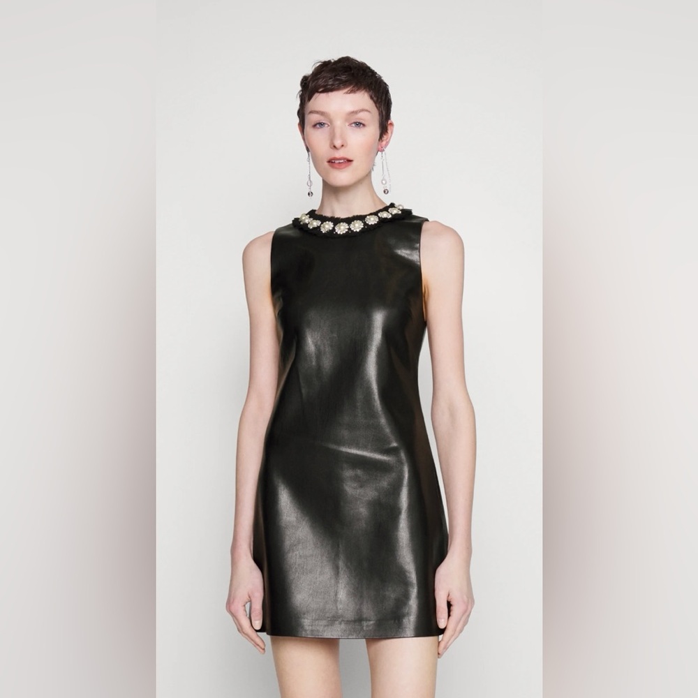 Alice + Olivia Coley Black Faux Leather Rhinestone Pearl Dress Sz 4 $495 NWT